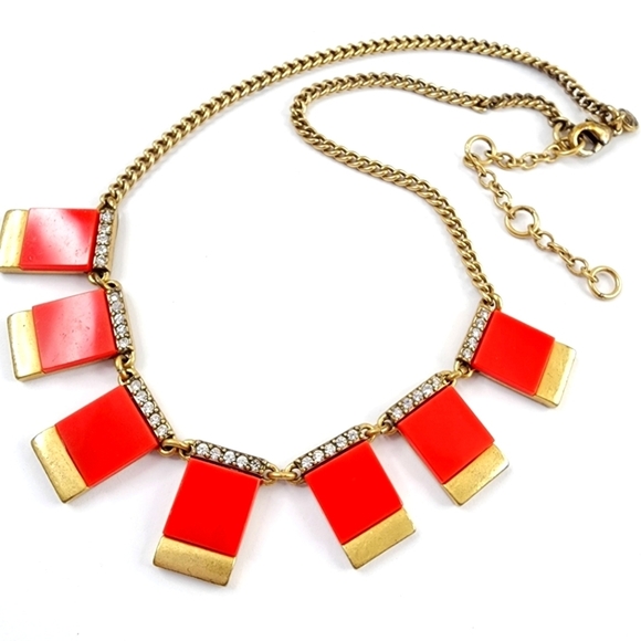 J. Crew art deco statement necklace with red orange pop color - Picture 2 of 6